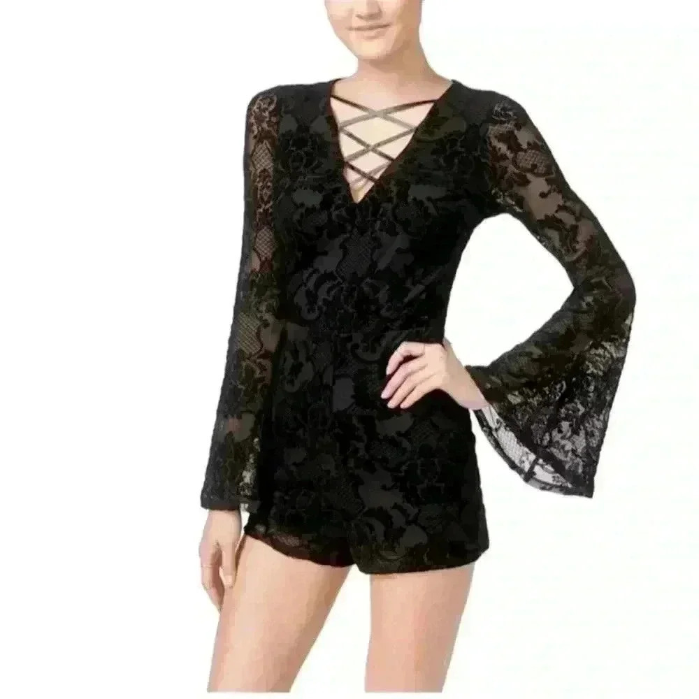 Material Girl lace long bell sleeve romper in black